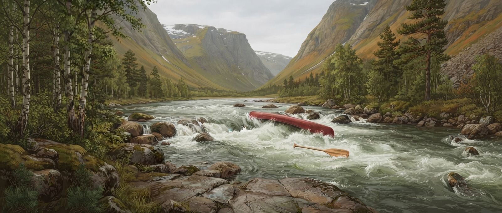 A red canoe capsized in rapids, a paddle washed onto the rocks