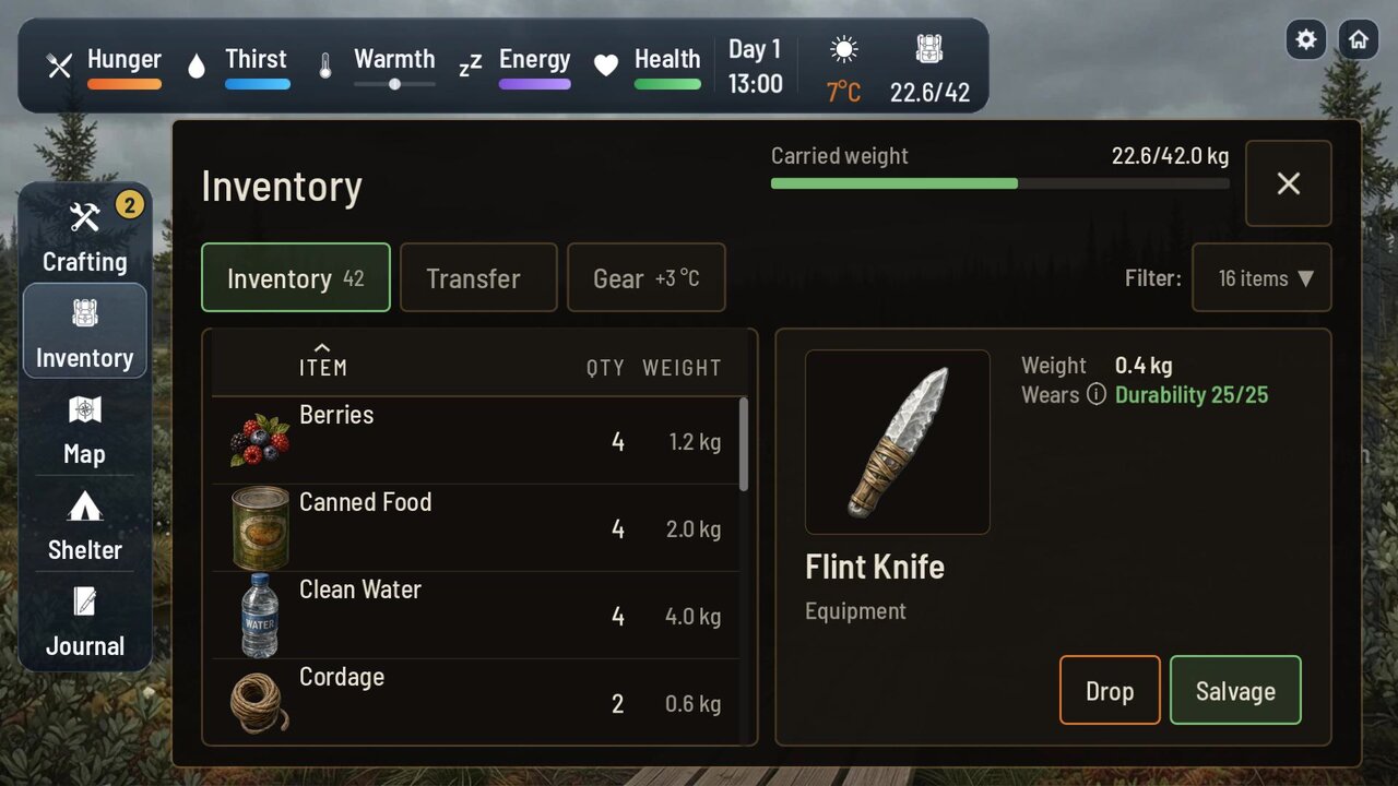 The inventory: berries, canned food, clean water, cordage, dried fish and a flint knife